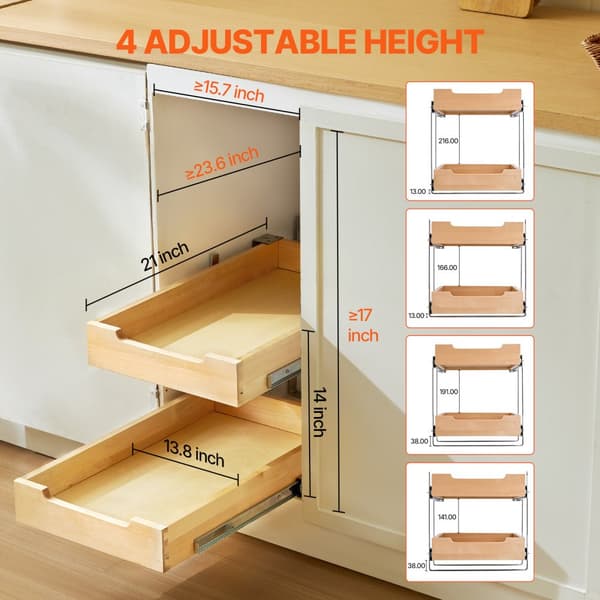 2-Tier Ulosvedettävä Kaappijärjestäjä, Pehmeästi Suljettava Ulosvedettävä Puulaatikko, 14L x 21S