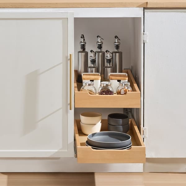 2-Tier Ulosvedettävä Kaappijärjestäjä, Pehmeästi Suljettava Ulosvedettävä Puulaatikko, 14L x 21S