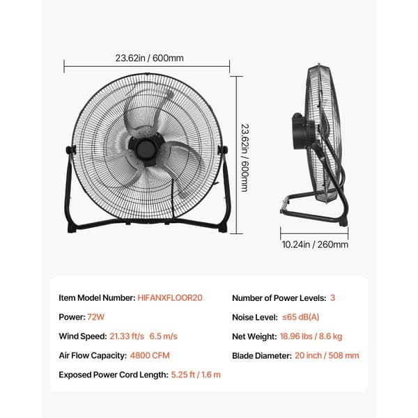 20-i Gulvventilator, 3 Hastigheder, 360° Justerbar Hældning, Højhastigheds Industriel Ventilator