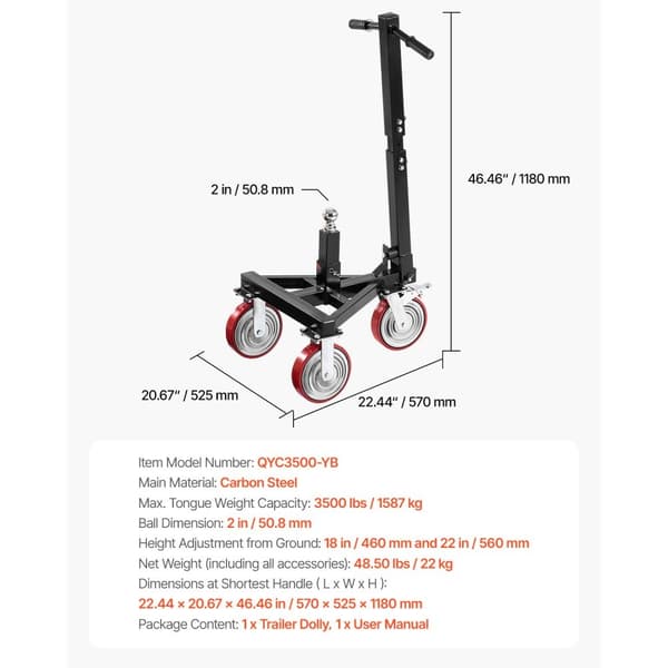 Trailer Dolly, 3500lbs Tungevægt Kapacitet, 18-22 tommer Højdejusterbar