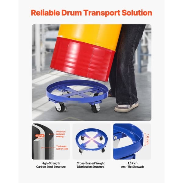 55 Gallons Tromme Dolly 2000 lbs, Barrel Dolly Vogn, Tromme Caddy med 4 hjul, Høj Lastkapacitet