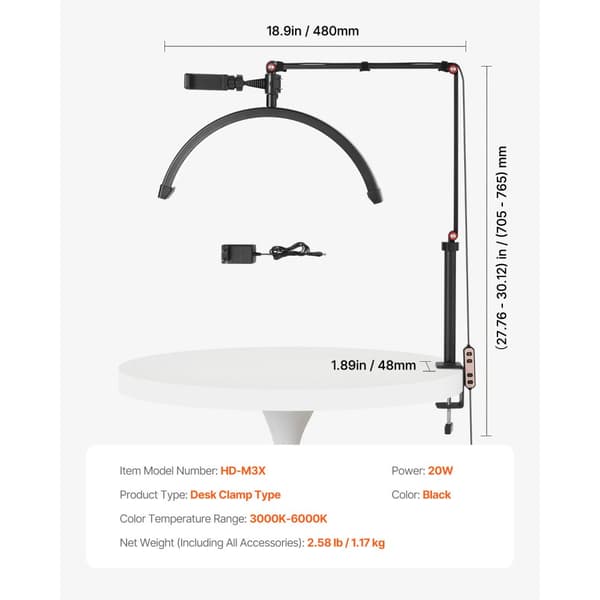 Kynsityöpöydän valaisin 20 W, Puhelimenpidikkeellä, Kaareva LED, puoli-kuun ripsivalo, Clip-on