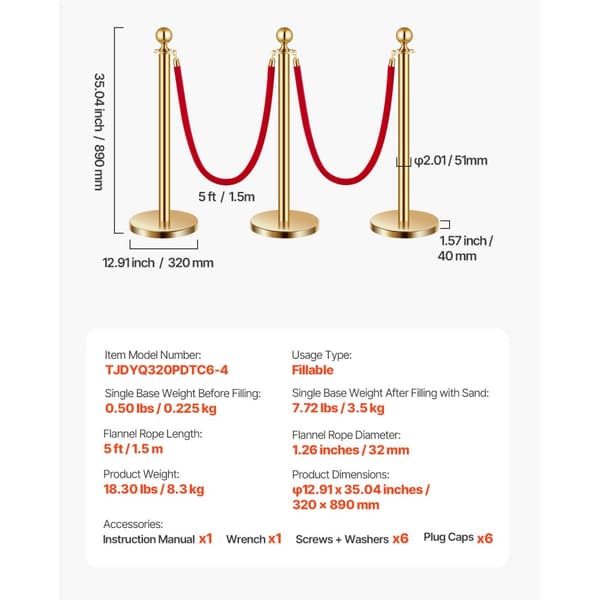 6 Stk Guld Stanchion Post, 4 Røde Fløjls Reb, Sandinjektion Hul Base, VIP Afspærringsstolper
