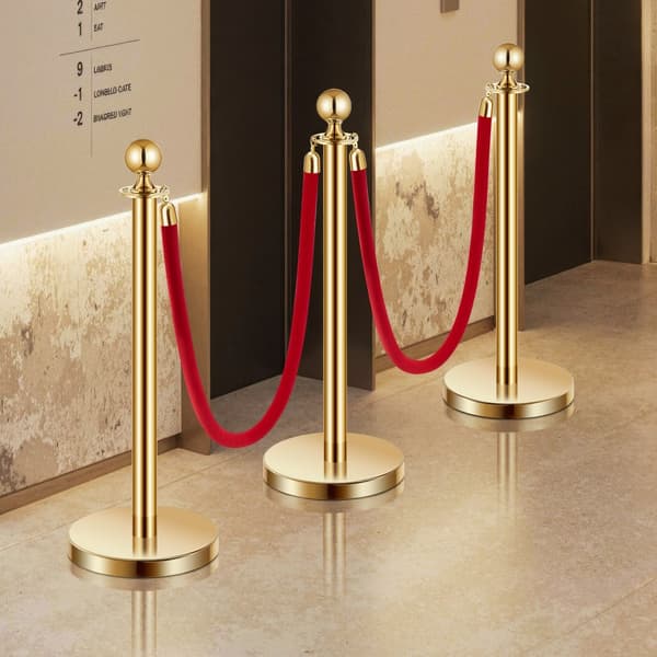 6 Stk Guld Stanchion Post, 4 Røde Fløjls Reb, Sandinjektion Hul Base, VIP Afspærringsstolper