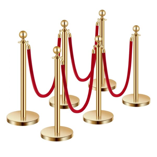 6 Stk Guld Stanchion Post, 4 Røde Fløjls Reb, Sandinjektion Hul Base, VIP Afspærringsstolper