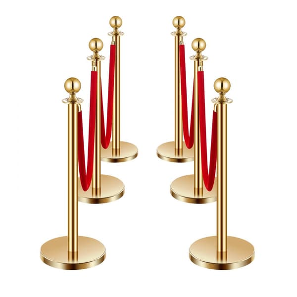 6 Stk Guld Stanchion Post, 4 Røde Fløjls Reb, Sandinjektion Hul Base, VIP Afspærringsstolper