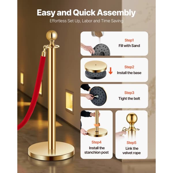 Gold Stanchion Post 4 kpl, 3 punaista samettiköyttä, hiekkainjektiolla ontelopohja