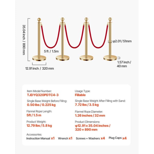 Gold Stanchion Post 4 kpl, 3 punaista samettiköyttä, hiekkainjektiolla ontelopohja