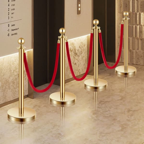 Gold Stanchion Post 4 kpl, 3 punaista samettiköyttä, hiekkainjektiolla ontelopohja