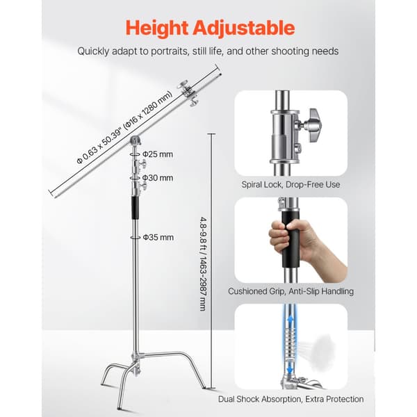 C-stativer med bomarm, Maks. højde 10,83 fod/330 cm, fotograferingslysstativ, stabil og holdbar