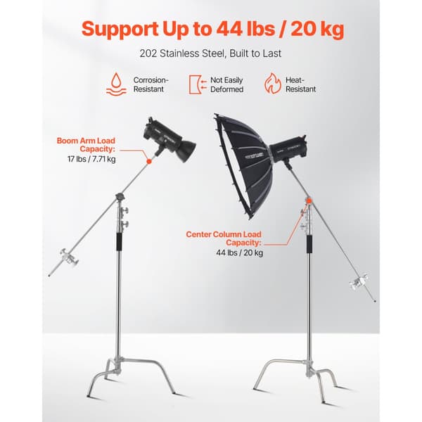 C-stativer med bomarm, Maks. højde 10,83 fod/330 cm, fotograferingslysstativ, stabil og holdbar