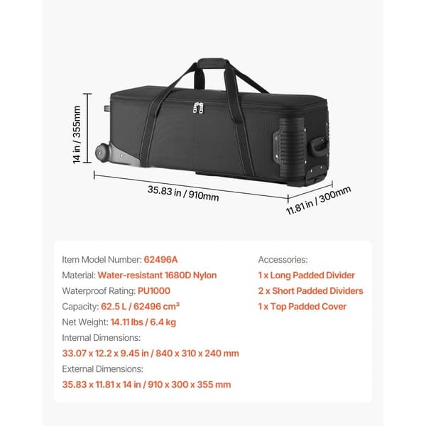 Studieudstyr Trolley Taske, 35,83 x 11,81 x 14 Rullende Kamerataske, Slidstærk, Ruminddelt Indre