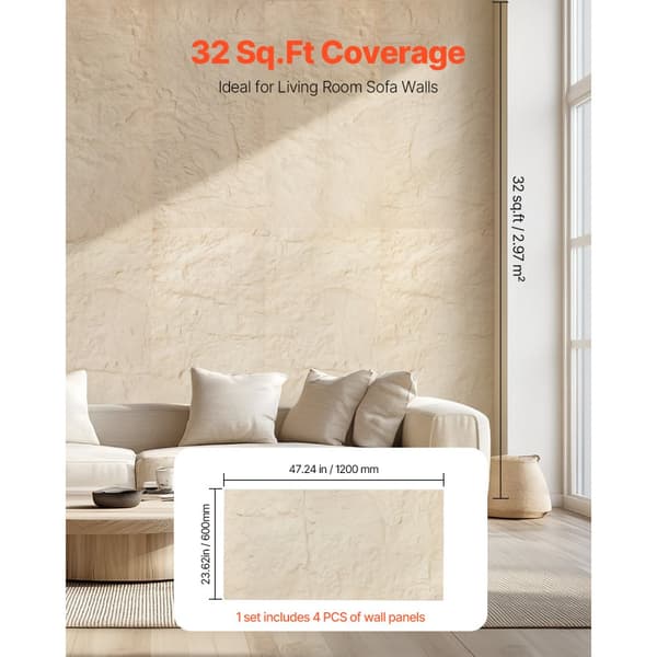 3D Vægpaneler, 4 pakke 48x24'', PU Stone-Look, 32 Kvadratfods Dækning, Stengul