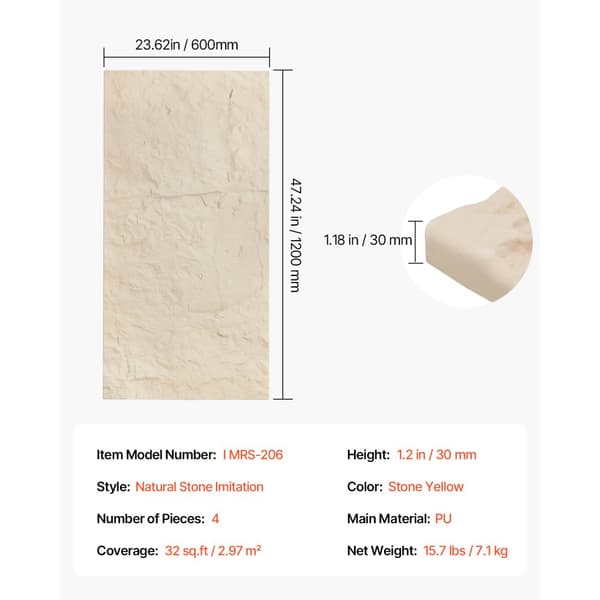 3D Vægpaneler, 4 pakke 48x24'', PU Stone-Look, 32 Kvadratfods Dækning, Stengul