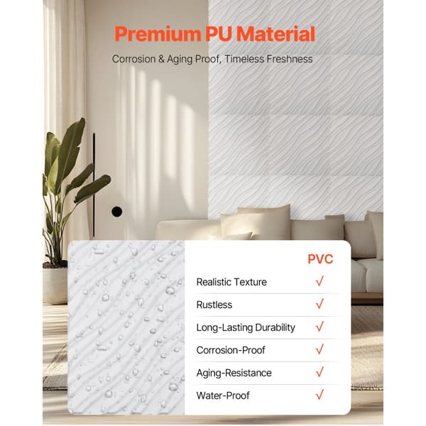 3D Vægpaneler, 12-Pakke 19,7x19,7'', PVC, 32 Kvadratfod dækning, Wave Mat Hvid