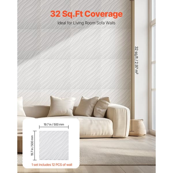 3D Vægpaneler, 12-Pakke 19,7x19,7'', PVC, 32 Kvadratfod dækning, Wave Mat Hvid