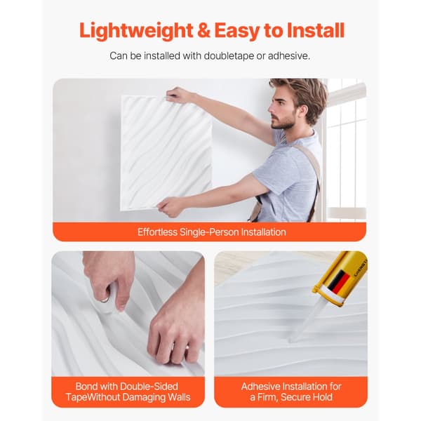 3D Vægpaneler, 12-Pakke 19,7x19,7'', PVC, 32 Kvadratfod dækning, Wave Mat Hvid