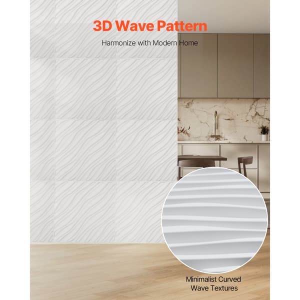 3D Vægpaneler, 12-Pakke 19,7x19,7'', PVC, 32 Kvadratfod dækning, Wave Mat Hvid