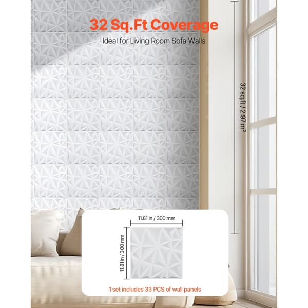 3D Vægpaneler 33-pak, 11,81x11,81'' PVC, 32 Sq.Ft Dækningsområde, Diamant Hvid Farve