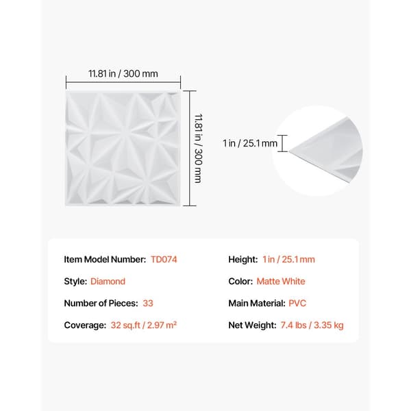 3D Vægpaneler 33-pak, 11,81x11,81'' PVC, 32 Sq.Ft Dækningsområde, Diamant Hvid Farve