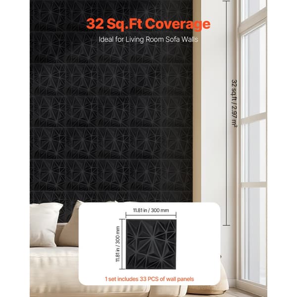3D Vægpaneler 33 Pak, 30x30cm PVC, 32 Sq.Ft Dækning, Diamant Sort
