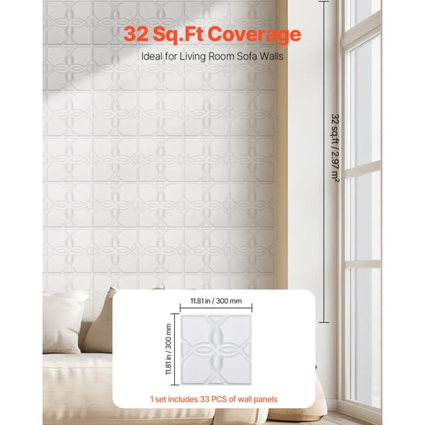 3D-Seinäpaneelit 33 kpl, 11,81 x 11,81 tuuman PVC, 32 neliöjalkaa Peittävyys, Kukkavalkoinen