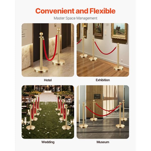 4 Stk Guld Stanchion Poster, 2 Røde Velvet Reb, Sandinjektion Hul Base, Holdbare, Elegante Design