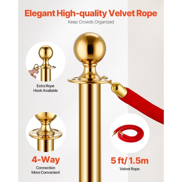 4 Stk Guld Stanchion Poster, 2 Røde Velvet Reb, Sandinjektion Hul Base, Holdbare, Elegante Design