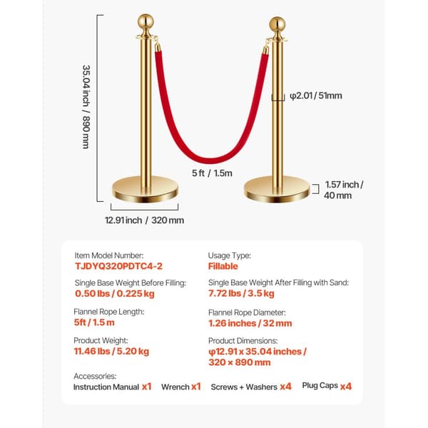4 Stk Guld Stanchion Poster, 2 Røde Velvet Reb, Sandinjektion Hul Base, Holdbare, Elegante Design