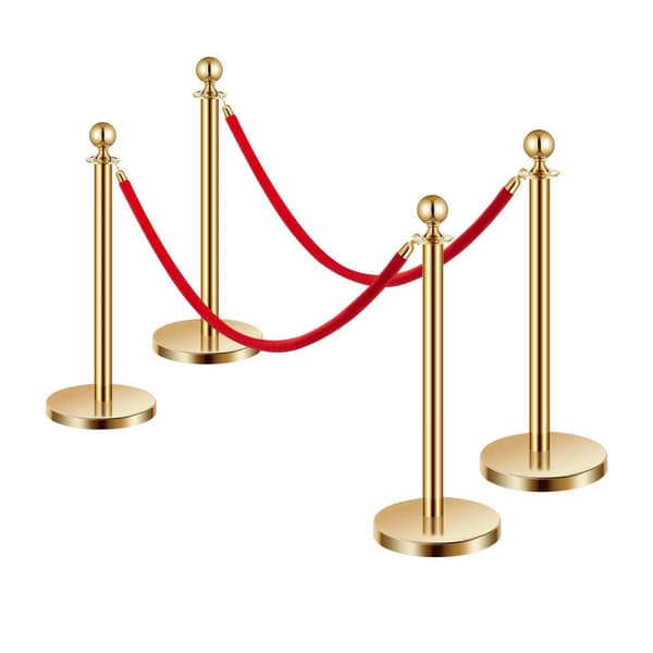 4 Stk Guld Stanchion Poster, 2 Røde Velvet Reb, Sandinjektion Hul Base, Holdbare, Elegante Design