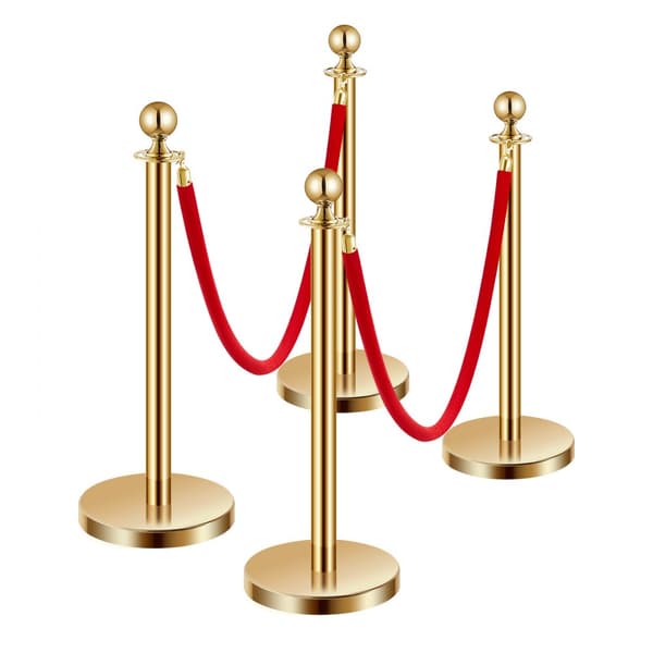 4 Stk Guld Stanchion Poster, 2 Røde Velvet Reb, Sandinjektion Hul Base, Holdbare, Elegante Design
