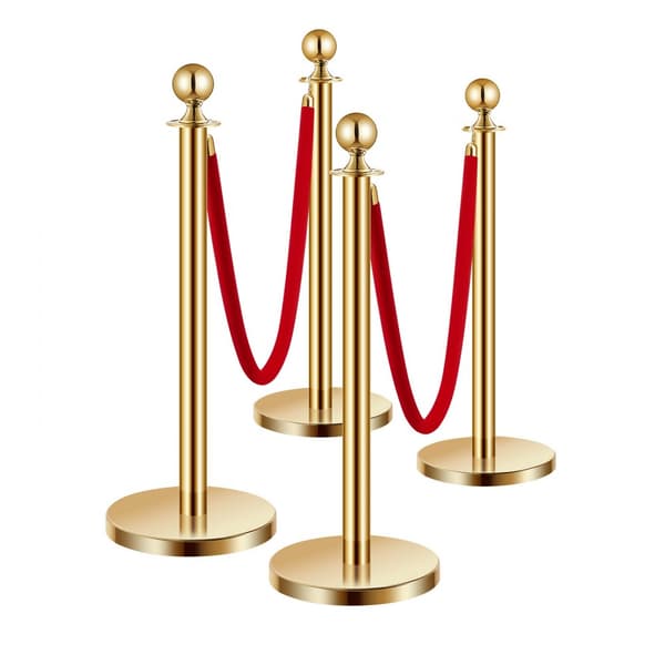 4 Stk Guld Stanchion Poster, 2 Røde Velvet Reb, Sandinjektion Hul Base, Holdbare, Elegante Design