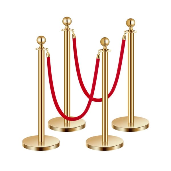 4 Stk Guld Stanchion Poster, 2 Røde Velvet Reb, Sandinjektion Hul Base, Holdbare, Elegante Design