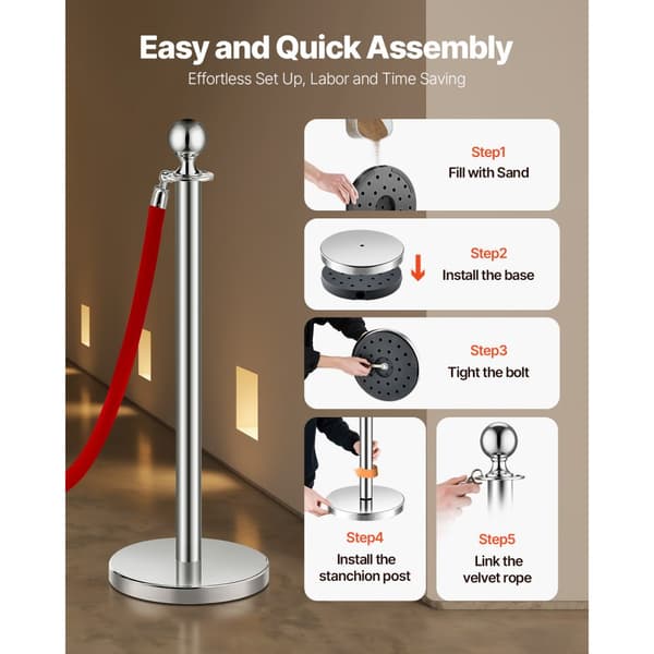 6 Stk Sølv Stanchion Stolpe, 3 Røde Fløjlsreb, Sandindsprøjtningshulbase, Robust, Stilfuld Afspærringssystem