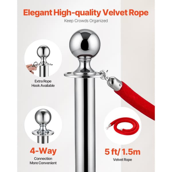 6 Stk Sølv Stanchion Stolpe, 3 Røde Fløjlsreb, Sandindsprøjtningshulbase, Robust, Stilfuld Afspærringssystem