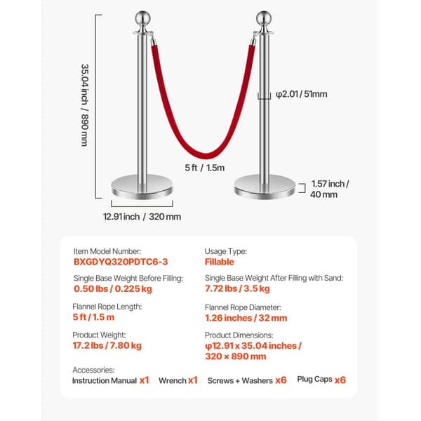 6 Stk Sølv Stanchion Stolpe, 3 Røde Fløjlsreb, Sandindsprøjtningshulbase, Robust, Stilfuld Afspærringssystem