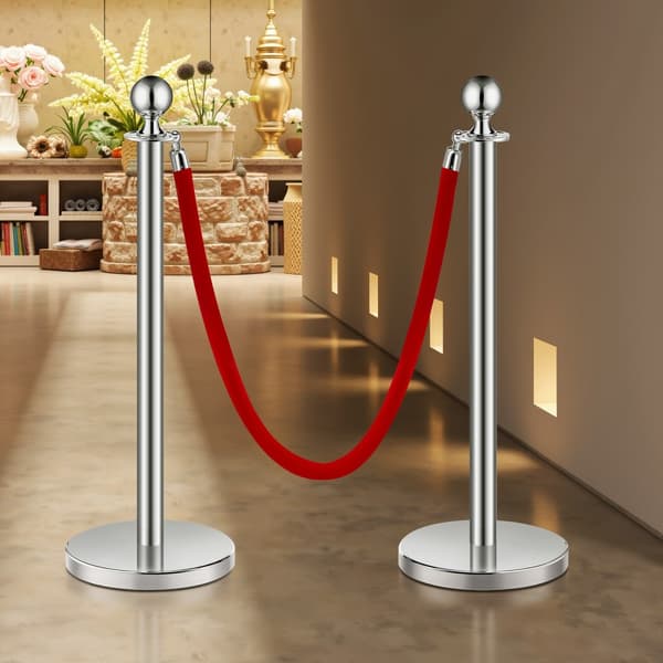 6 Stk Sølv Stanchion Stolpe, 3 Røde Fløjlsreb, Sandindsprøjtningshulbase, Robust, Stilfuld Afspærringssystem