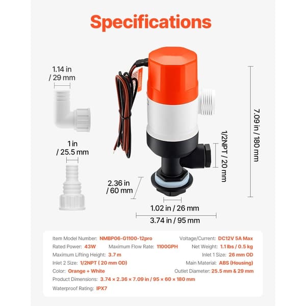 Båtpump Livewell, 12V, 1100GPH Livewell-Luftningspump, Rak 2-inlopp