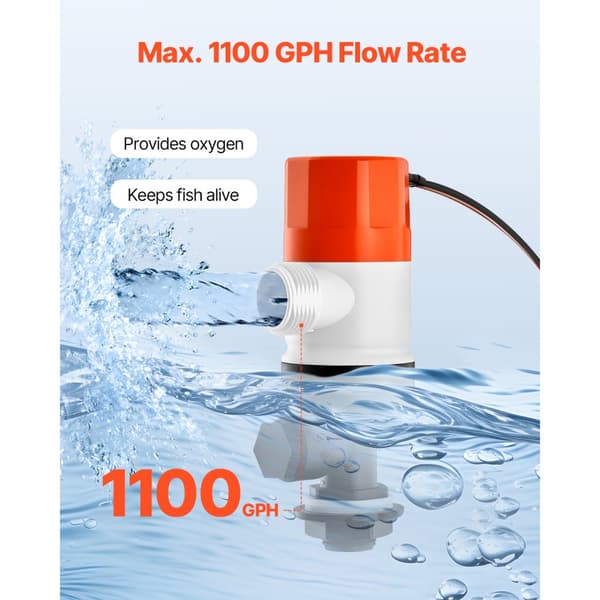 Båtpump Livewell, 12V, 1100GPH Livewell-Luftningspump, Rak 2-inlopp
