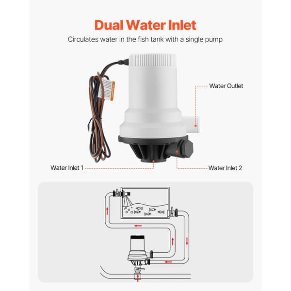 Livewell-pumpe til båd, 12V 1600GPH, Livewell-lufterpumpe med 2 lige indløb