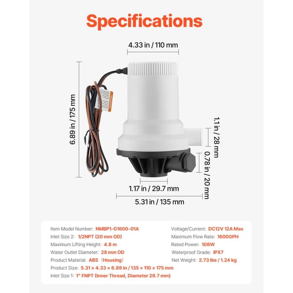 Livewell-pumpe til båd, 12V 1600GPH, Livewell-lufterpumpe med 2 lige indløb