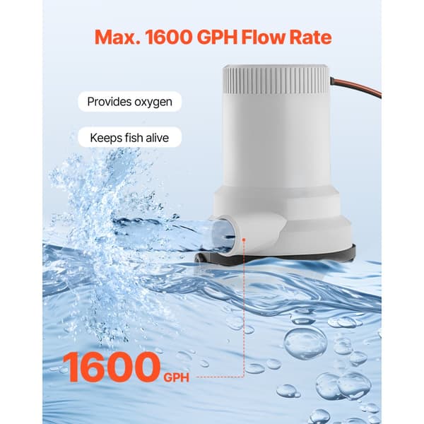 Livewell-pumpe til båd, 12V 1600GPH, Livewell-lufterpumpe med 2 lige indløb