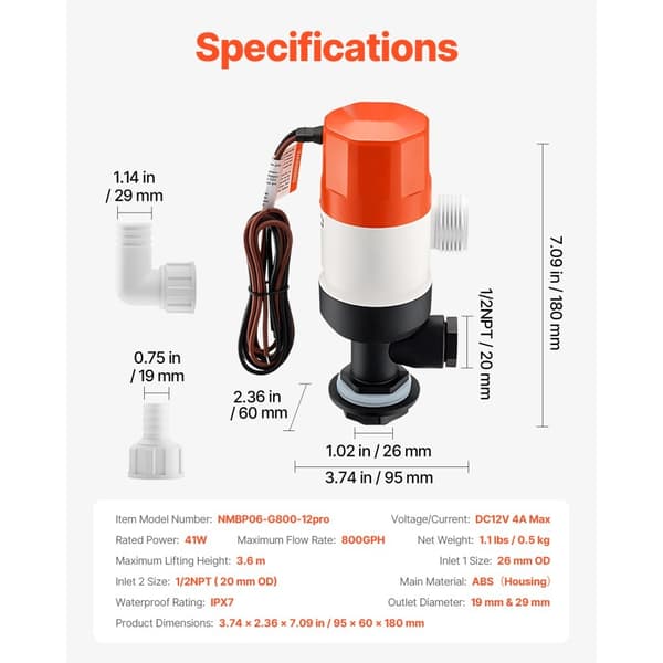 Livewell-pumpe til båd, 12V 800 GPH, Livewell-luftpumpe med 2 indløb, lige model