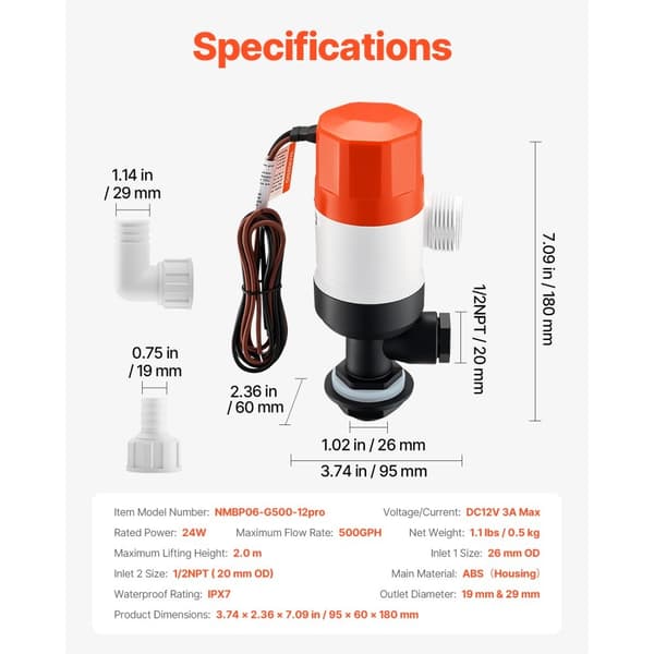 Livewell-pumppu veneeseen, 12V 500GPH, Ilmastinpumppu 2 sisääntulolla, suora