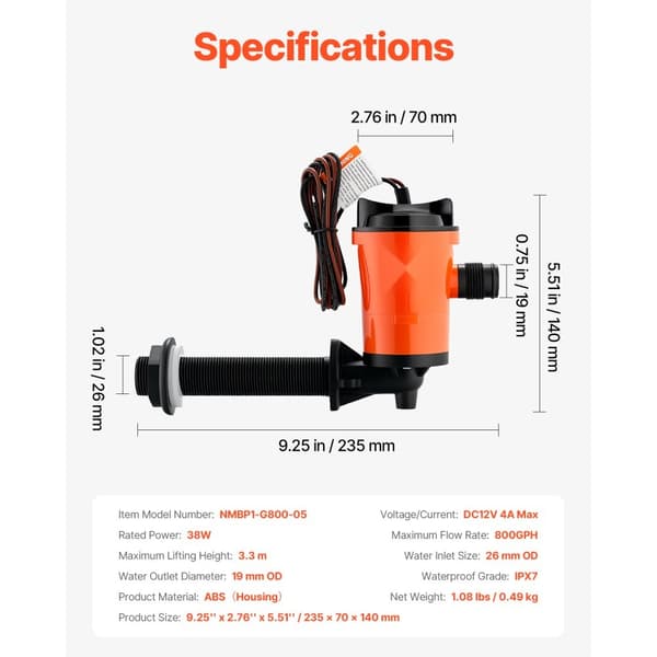 Livewell-ilmapumppu veneeseen, 12V 800 GPH 90°, Baitwell-pumppu, tehokas vesikierto