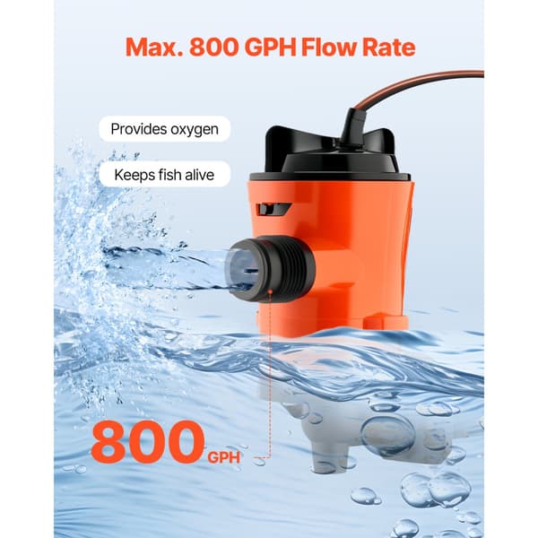 Livewell-ilmapumppu veneeseen, 12V 800 GPH 90°, Baitwell-pumppu, tehokas vesikierto