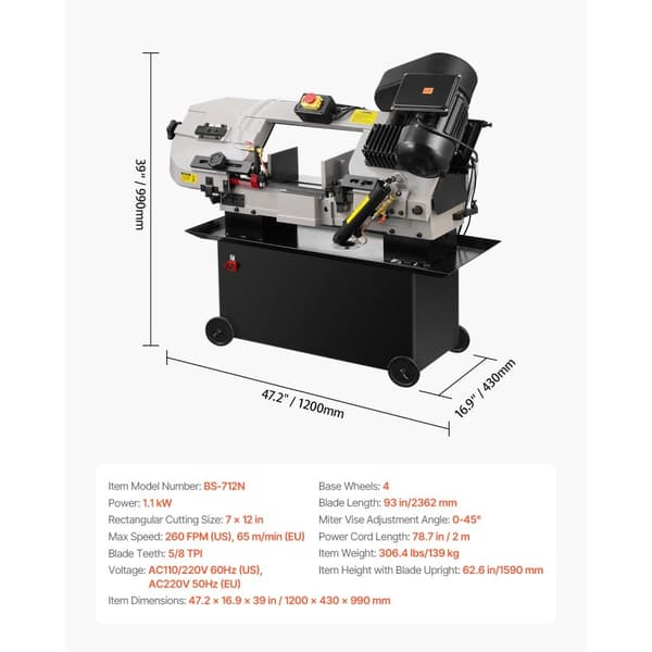 Metall Horisontell Bandsåg 7x12 Tum, 1,1 kW Bandsåg, Variabel Hastighet 220V