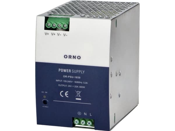 Orno Industriell strømforsyning, DIN-skinne, 24VDC, 20A, 480W, metallhus