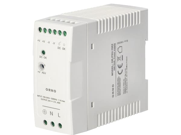 Orno Teollisuuden virtalähde, DIN-kisko, 24VDC, 1.7A, 40W, muovikotelossa