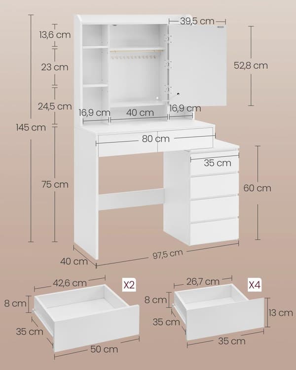 LED-belysning Sminkbord med justerbar ljusstyrka Sminkbord med spegel Kosmetikbord med lådor Öppna fack Justerbara hyllor Modern Cloud White RDT124W0